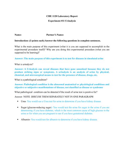 Lab Template 2 Experiment 11 Urinalysis - CHE 1120 Laboratory Report ...
