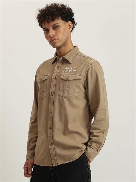 True Religion Men Beige Embroidered Spread Collar Full Sleeves Shirt ...