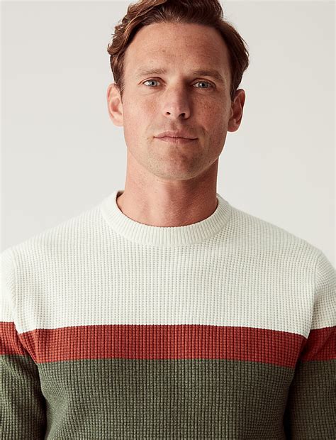 Buy Cotton Blend Striped Crew Neck Jumper at Marks & Spencer