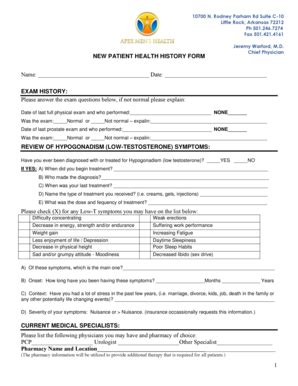 Fillable Online 1 NEW PATIENT HEALTH HISTORY FORM Name: Date: EXAM HI ...