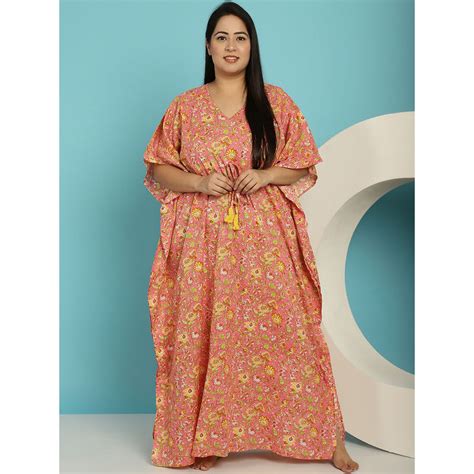 Buy Secret Wish Peach Floral Cotton Plus Size Kaftan Nighty Online