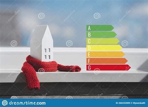 Miniature House in a Red Scarf and Energy Efficiency Chart on the ...