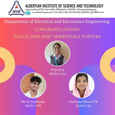 S2 APJAKTU EXAMINATION EEE TOPPERS 2024 – AISAT Engineering College