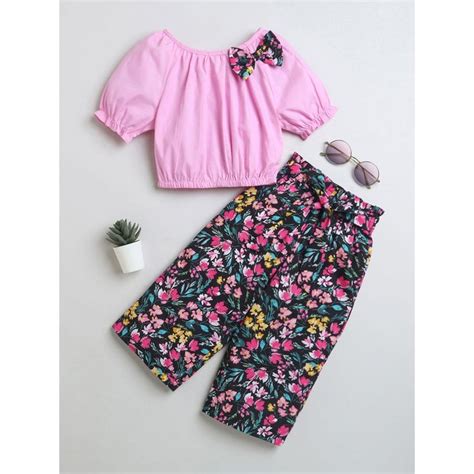 Buy Hopscotch Girls Pink and Black Floral Print Puff Sleeve Blouse and ...