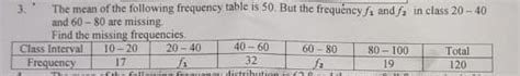 3. The mean of the following frequency table is 50. But the frequency ...