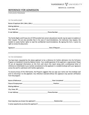 Fillable Online medschool vanderbilt REFERENCE FOR ADMISSION ...