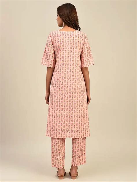 Light Pink Hand Block Printed Cotton Kurta with Pants (Set of 2 ...