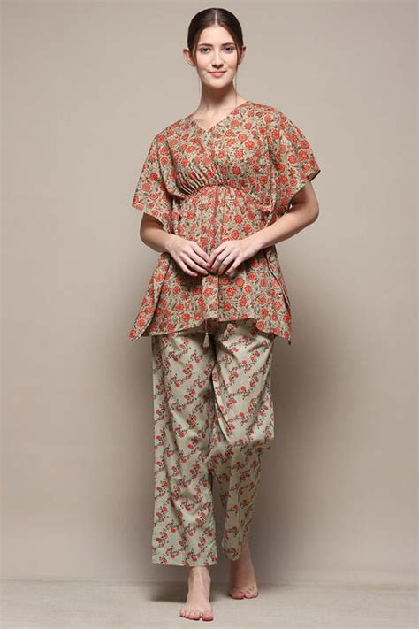 Powder Blue Cotton Printed 2 Piece Sleepwear Set at Biba India