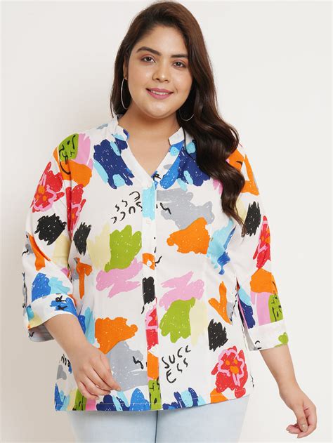 Women Plus Size Abstract Printed Crepe Mandarin Collar Top