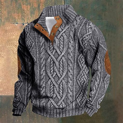 CQONEPT Men's Big and Tall Sweaters Lapel Neck Sweatshirts Cable ...