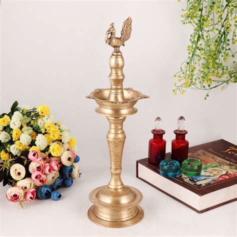 Shiny Brass Oil Lamp Carved with Peacock