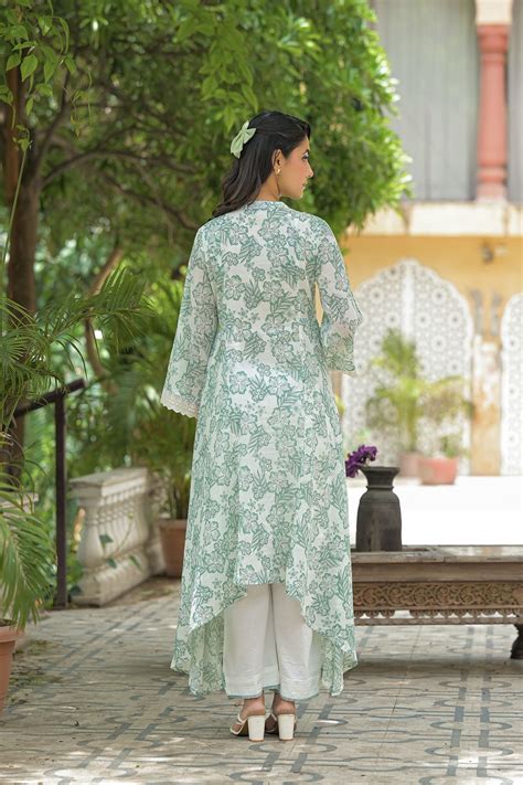 Green Floral Cotton Embroidered A-Line Suit