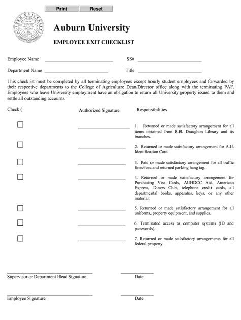 Fillable Online Auburn University Employee Exit Checklist Fax Email ...