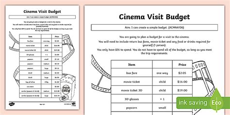 Cinema Visit Budget Worksheet / Worksheet