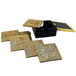 Buy CHIRAG HANDICRAFTS Brass Wooden Tea Cup 6 Plates Box Set Table ...