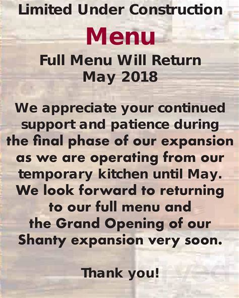 Menu for The Shanty Restaurant in Wadsworth, IL | Sirved