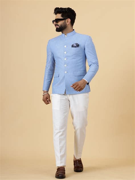 Bespoke Azure Blue Linen Jodhpuri Bandhgala Suit For Men | White Trous ...
