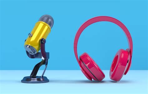Premium Photo | Yellow podcast microphone and pink headphone