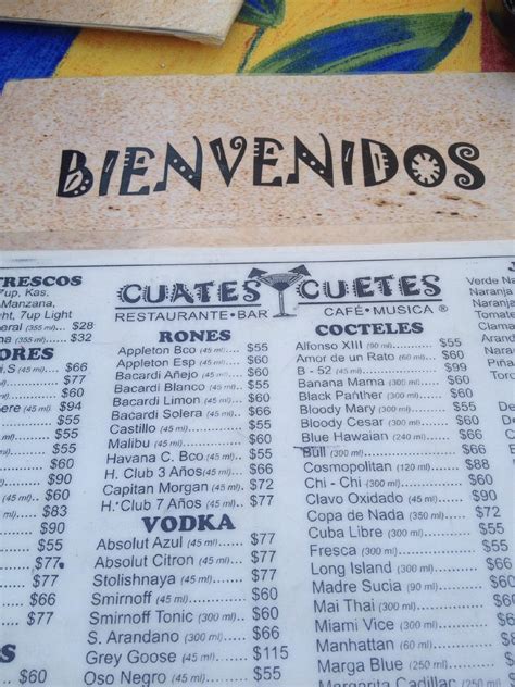 Menu at Cuates y Cuetes restaurant, Puerto Vallarta