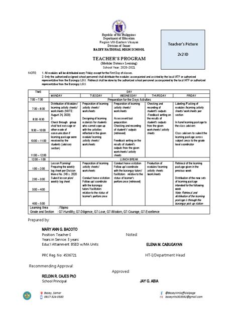 Image result for Sample of Teacher Class Program