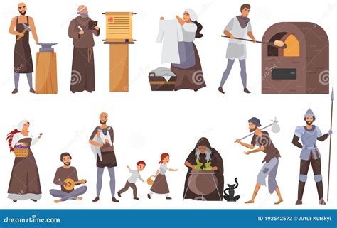 Medieval People Vector Illustration Set, Cartoon Flat Historical Middle ...