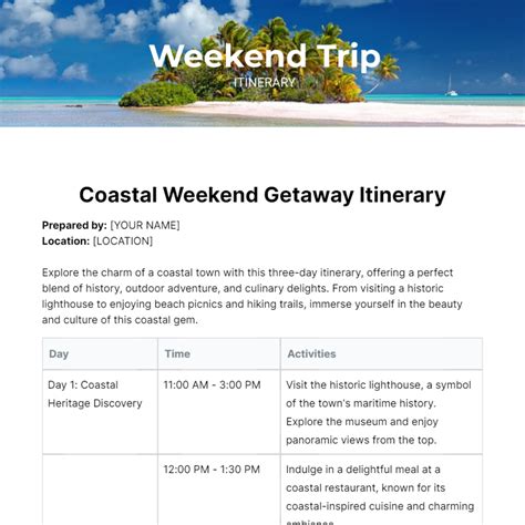 Weekend Trip Itinerary Template - Edit Online & Download Example | Template.net