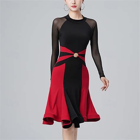 Latin Dance Dress Pure Color Splicing Tulle Women's Performance ...