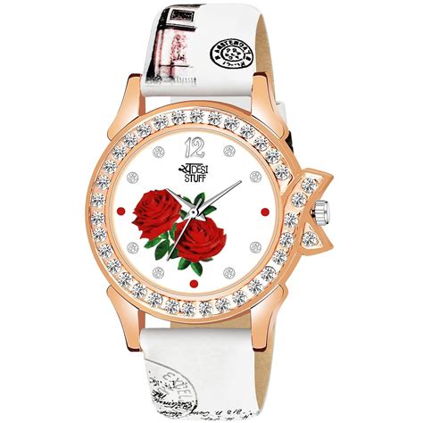 SWADESI STUFF Red Rose White Dial Gold Analog Watch for Girls and Women ...
