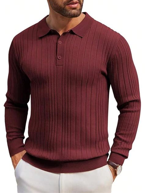 Rinova Men's Knitted Polo Shirt Long Sleeve Casual Button Ribbed Polo ...