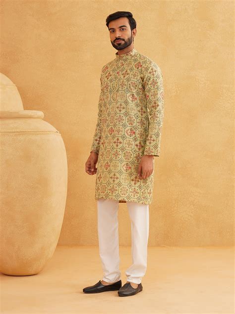 Men's Cotton Blend Pista Green Kurta and Churidar Pyjama Set – Sojanya