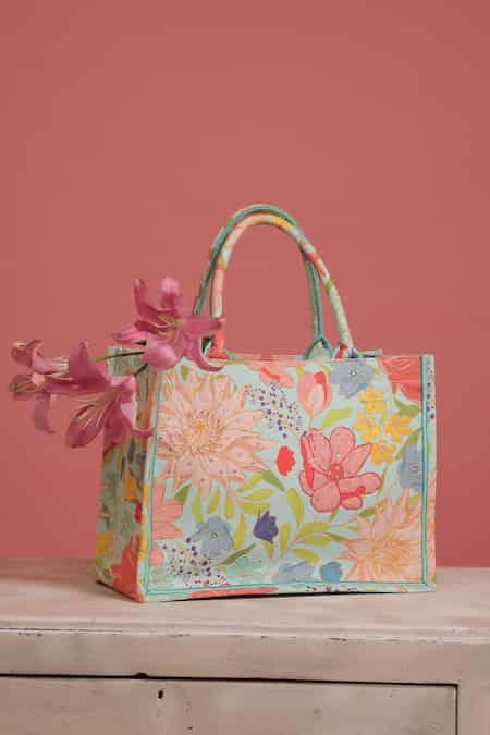 Buy Blue Floral Print Tote Bag by Seams Pret And Couture Online at Aza ...