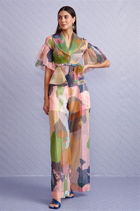 HIBIKI SHEER PEPLUM TOP AND TAILORED TROUSERS SET