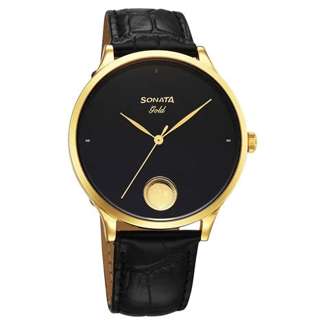Buy Online Sonata Gold Quartz Analog Watch for Men with Black Dial ...
