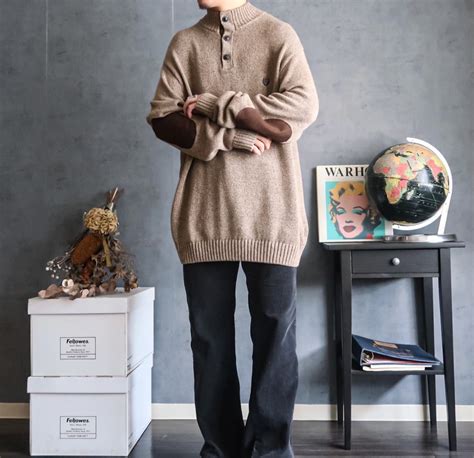 2000's~ Ralph Lauren "CHAPS" highneck cotton sweater with elbow patch ...