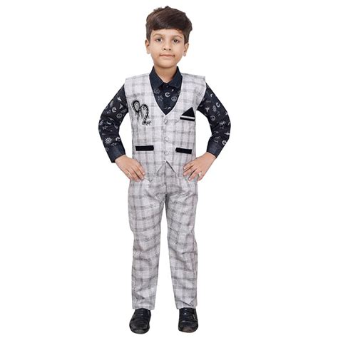 AHHAAAA Boys Cotton Blend Waistcoat Shirt and Trouser Set (Grey, 2-3 ...