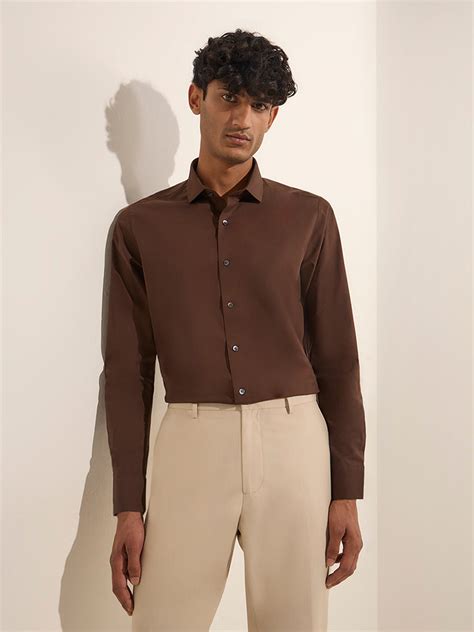 Buy WES Formals Brown Slim-Fit Cotton Shirt from Westside