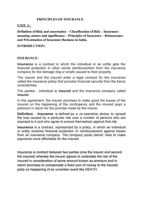 Principles of Insurance - INTRODUCTION: INSURANCE: Insurance is a ...