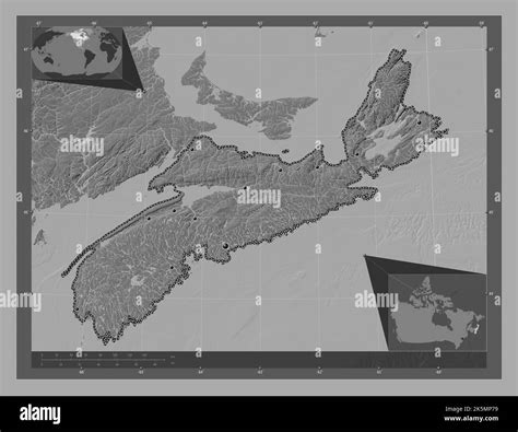 Nova Scotia, province of Canada. Bilevel elevation map with lakes and rivers. Locations of major ...