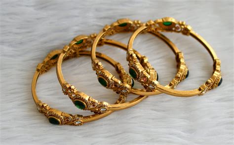 Antique gold tone kemp-green-white lotus set of 4 bangles(2.4) dj-4579 ...