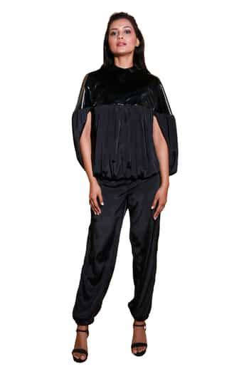 Buy Black Faux Leather High Neck Solid Balloon Sleeve Top And Pant Set ...