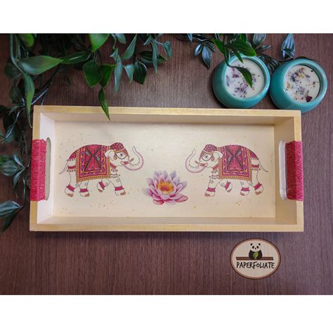 WOODEN TRAY - ETHNIC ELEPHANTS DESIGN – Kreate