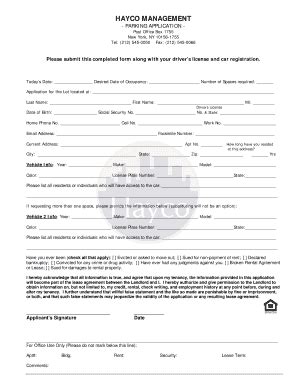 Fillable Online HAYCO MANAGEMENT PARKING APPLICATION Post Office Box ...