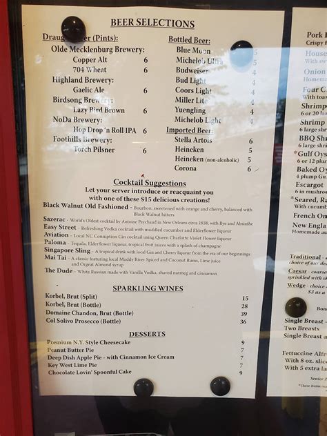 Menu at Beef 'N Bottle Steakhouse, Charlotte