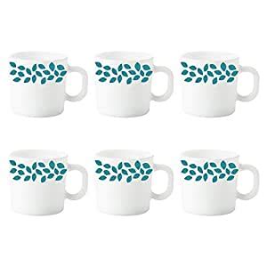 Larah by BOROSIL Leaves Opalware Mug Set (White, Blue) - 6-Pieces ...