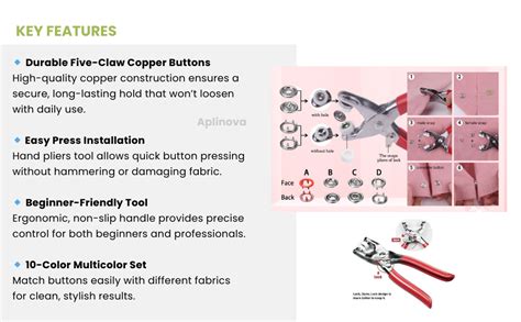 Aplinova 100 Sets Premium 9.5mm Metal Snap Buttons Kit with Hand Pliers ...
