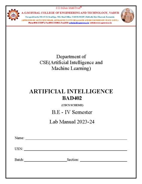 AI Lab Manual for Artificial Intelligence BAD402 - B.E IV Sem - Studocu