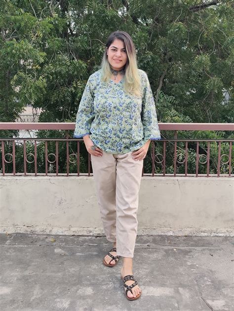 Blue Green Floral Hand Block Printed Top with Bell Sleeves – Kasaa Hues