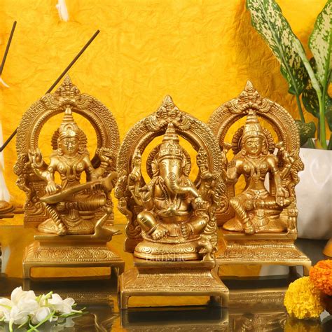 Buy Ganesha, Lakshmi, Saraswati - Brass Idols 7 inches - Budhshiv.com