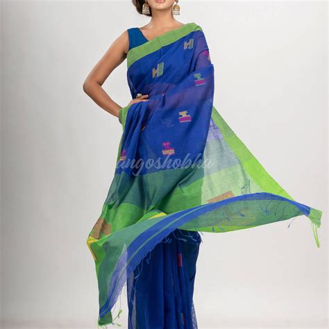 Royal blue cotton blend all body laptop motive with pallu green jamdan ...