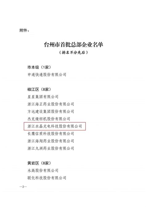 【喜讯】水晶光电上榜台州市首批总部企业名单